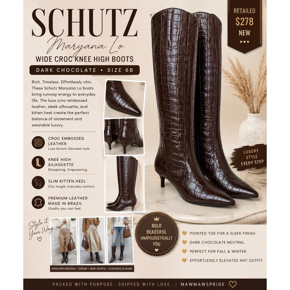 SCHUTZ Dark Chocolate Croc-Embossed Knee High Heeled Boots